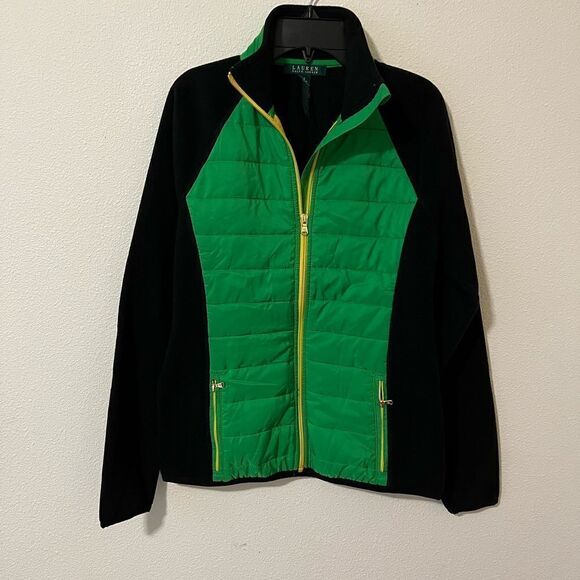 Lauren Ralph Lauren Women's Black/Green Fleece Puffer Front Jacket Small - Picture 1 of 6